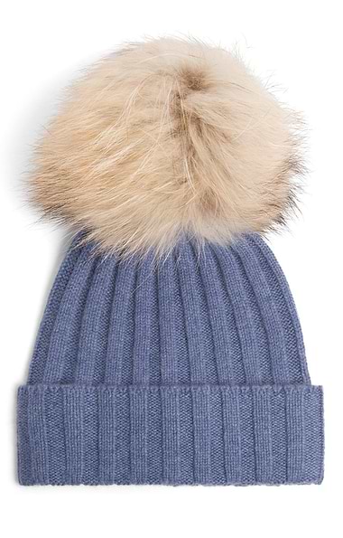 Ladies Cashmere Hat with Fox Fur Pom Pom