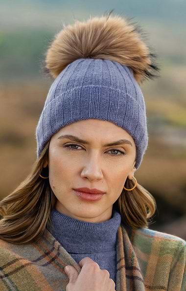 Ladies Cashmere Hat with Fox Fur Pom Pom