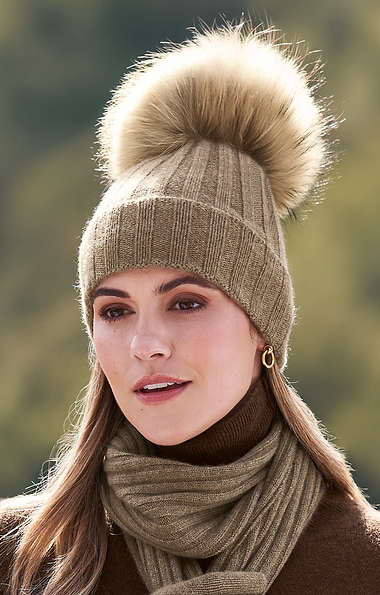 Ladies Cashmere Hat with Fox Fur Pom Pom