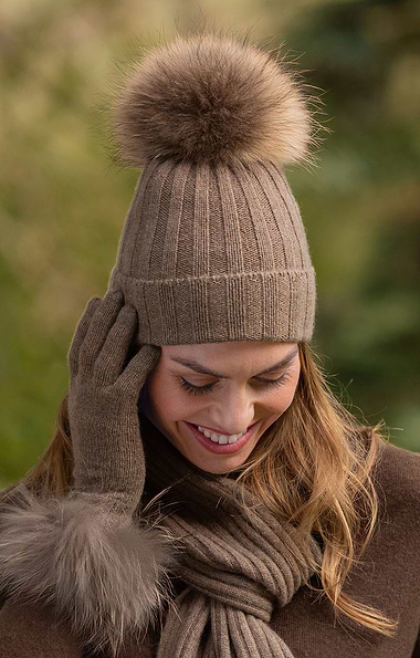 Ladies Cashmere Hat with Fox Fur Pom Pom