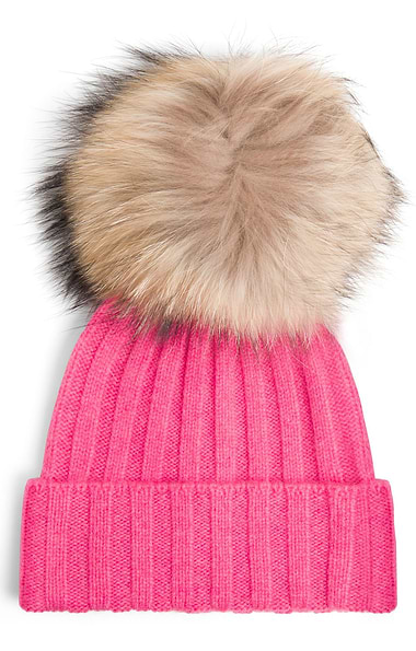 Ladies Cashmere Hat with Fox Fur Pom Pom