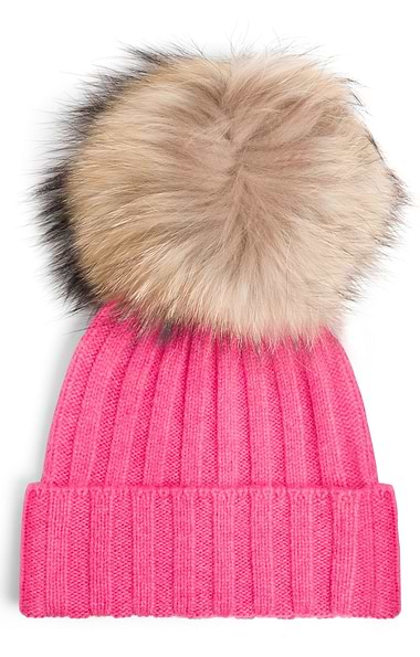 Ladies Cashmere Hat with Fox Fur Pom Pom