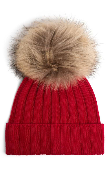 Ladies Cashmere Hat with Fox Fur Pom Pom