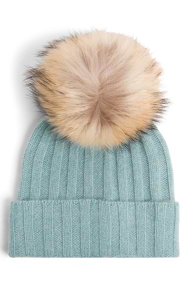 Ladies Cashmere Hat with Fox Fur Pom Pom