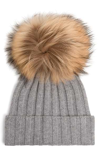 Ladies Cashmere Hat with Fox Fur Pom Pom