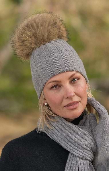 Ladies Cashmere Hat with Fox Fur Pom Pom
