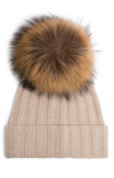 Ladies Cashmere Hat with Fox Fur Pom Pom