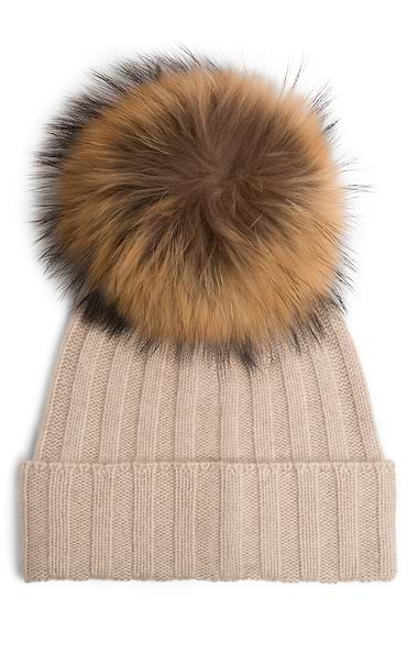 Ladies Cashmere Hat with Fox Fur Pom Pom