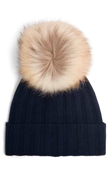 Ladies Cashmere Hat with Fox Fur Pom Pom