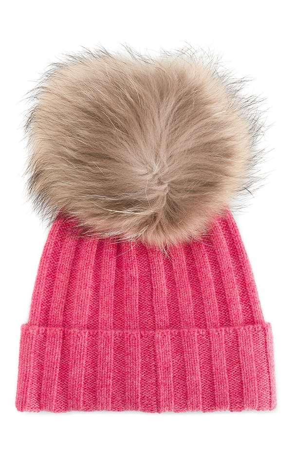Ladies Cashmere Hat with Fox Fur Pom Pom