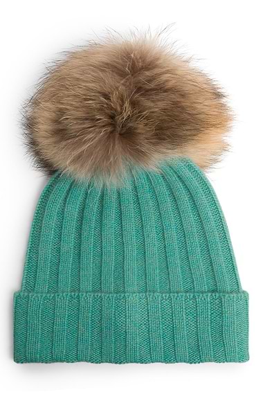 Ladies Cashmere Hat with Fox Fur Pom Pom