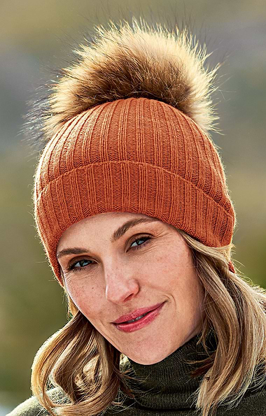 Ladies Cashmere Hat with Fox Fur Pom Pom