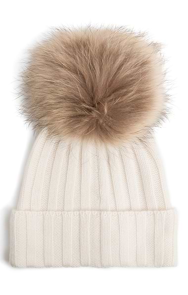 Ladies Cashmere Hat with Fox Fur Pom Pom