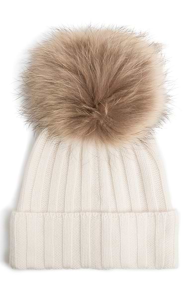 Ladies Cashmere Hat with Fox Fur Pom Pom
