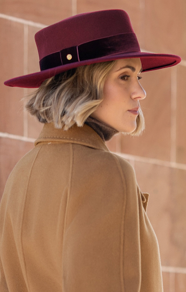 Ladies Velvet Trim Wool Felt Boater Hat
