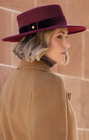 Ladies Velvet Trim Wool Felt Boater Hat
