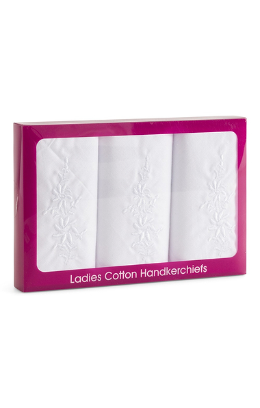 Ladies 3 Pack White Embroidered Handkerchiefs