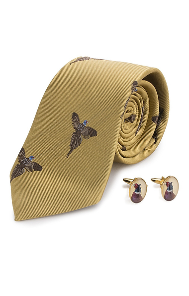 Men's Flying Pheasants Cufflinks And Silk Tie Set