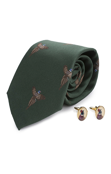 Men's Flying Pheasants Cufflinks And Silk Tie Set