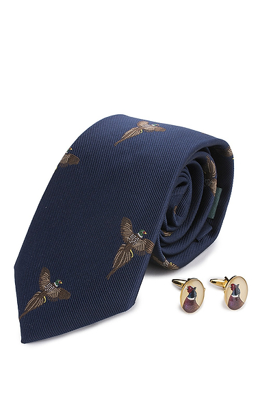 Men's Flying Pheasants Cufflinks And Silk Tie Set