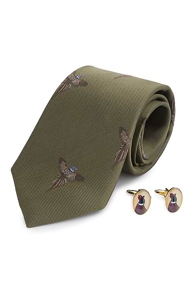Men's Flying Pheasants Cufflinks And Silk Tie Set