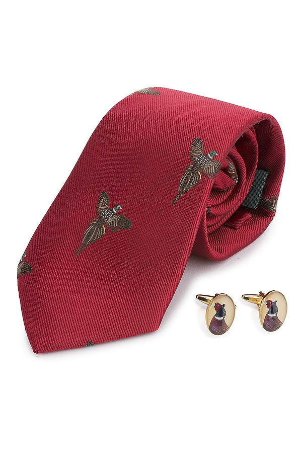 Men's Flying Pheasants Cufflinks And Silk Tie Set