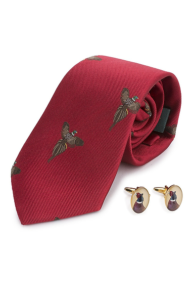 Men's Flying Pheasants Cufflinks And Silk Tie Set