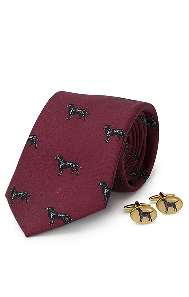 Men's Black Labrador Cufflinks And Silk Tie Set