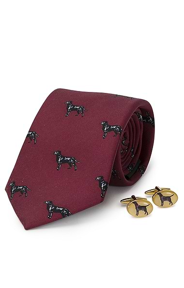Men's Black Labrador Cufflinks And Silk Tie Set
