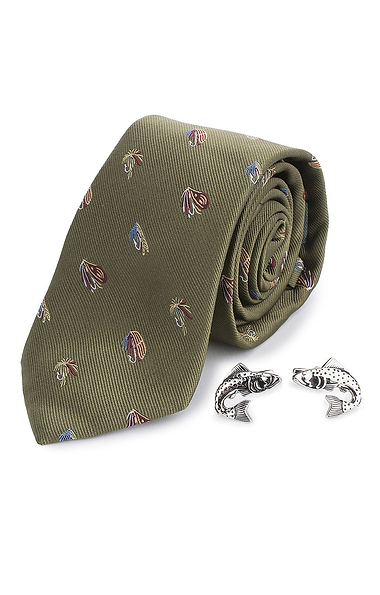 Men's Fish and Reel Silk Tie and Cufflinks