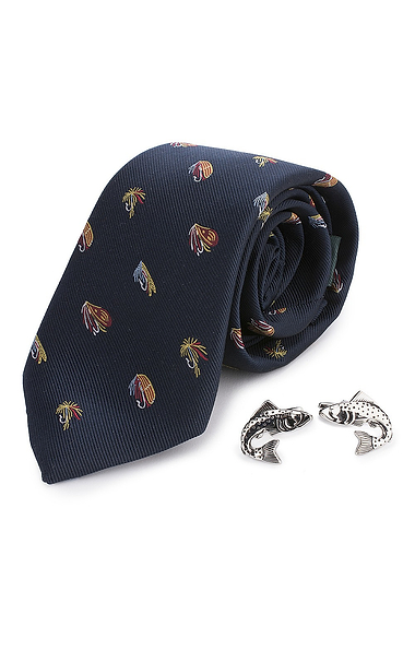 Men's Fish and Reel Silk Tie and Cufflinks