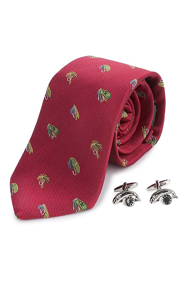 Men's Fish and Reel Silk Tie and Cufflinks