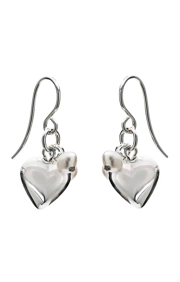 Silver Heart and Pearl Bead Drop Earrings