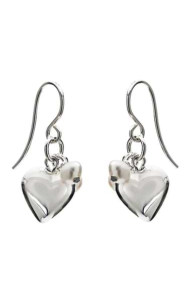 Silver Heart and Pearl Bead Drop Earrings