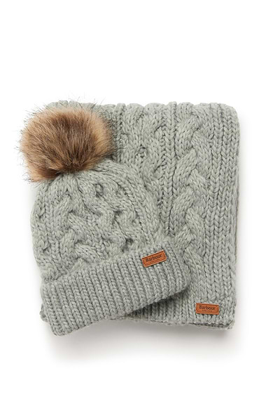 Ladies Barbour Penshaw Cable Knit Beanie and Scarf Gift Set