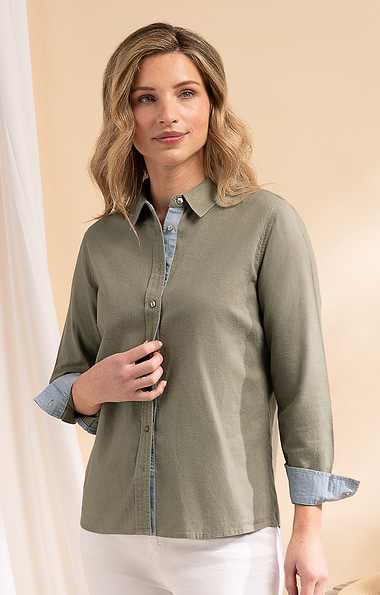 Ladies Linen Blend Contrast Trim Shirt