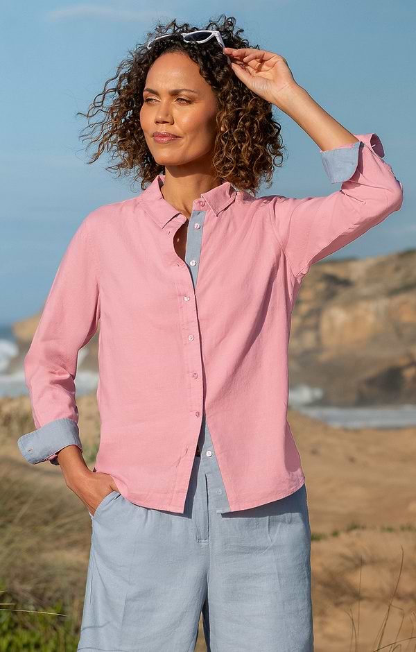 Ladies Linen Blend Contrast Trim Shirt