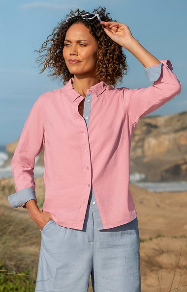 Ladies Linen Blend Contrast Trim Shirt