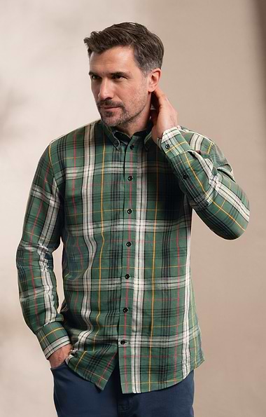 Men's Cotton and Linen Madras Button Down Shirt