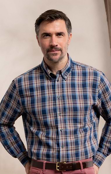 Men's Cotton and Linen Madras Button Down Shirt