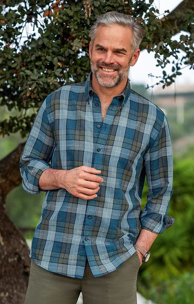 Men's Cotton and Linen Madras Button Down Shirt