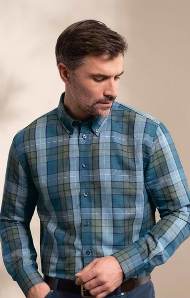 Men's Cotton and Linen Madras Button Down Shirt