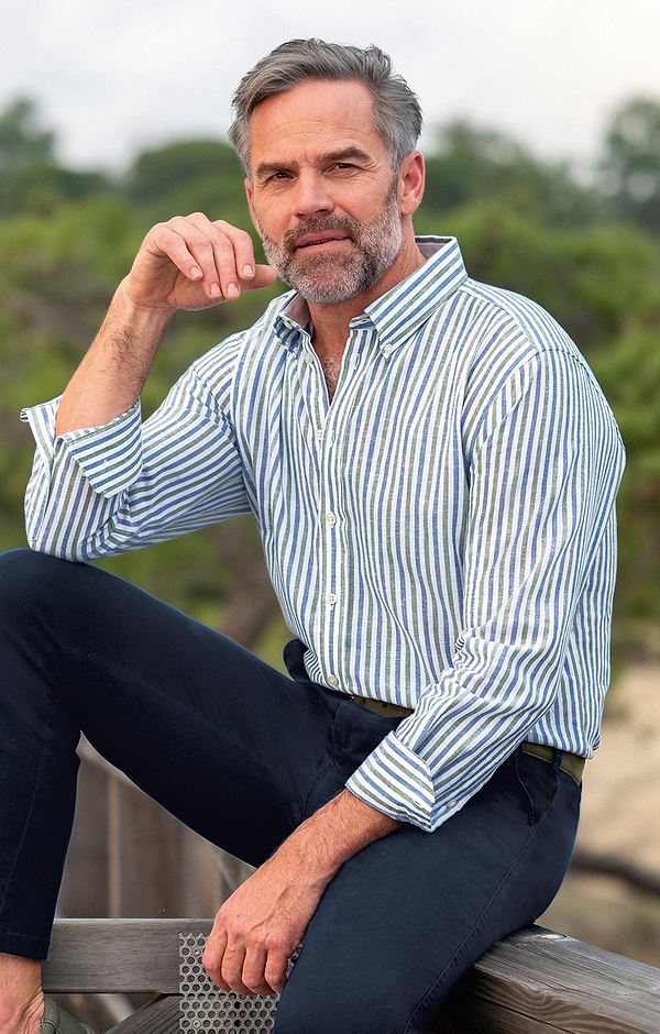 Men's Linen and Cotton Button Down Stripe Shirt