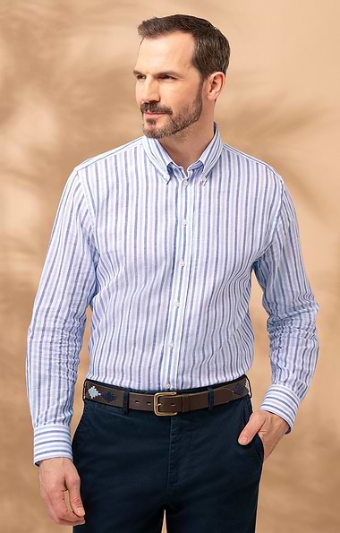 Men's Linen and Cotton Button Down Stripe Shirt
