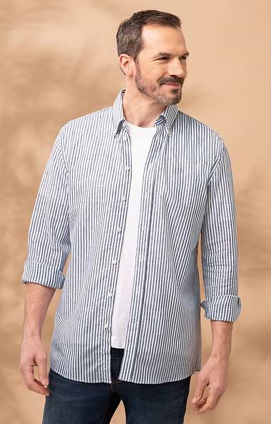 Men's Linen and Cotton Button Down Stripe Shirt