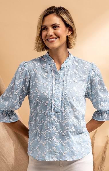 Ladies Frilled Three Quarter Sleeve Cotton Shirt
