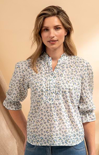 Ladies Frilled Three Quarter Sleeve Cotton Shirt