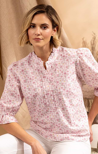 Ladies Frilled Three Quarter Sleeve Cotton Shirt