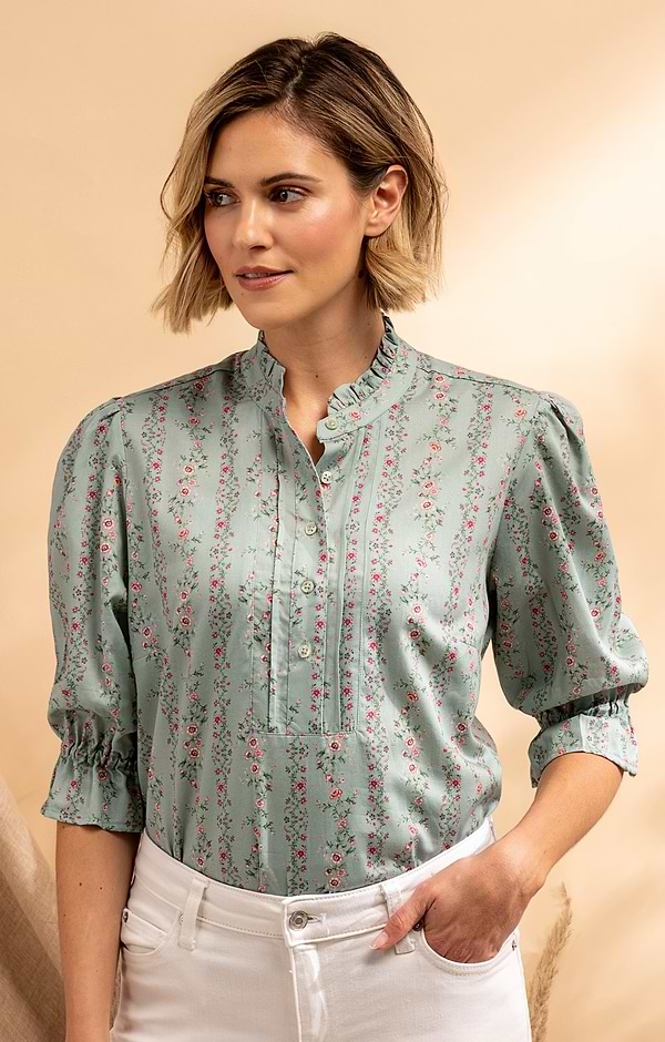 Ladies Frilled Three Quarter Sleeve Cotton Shirt