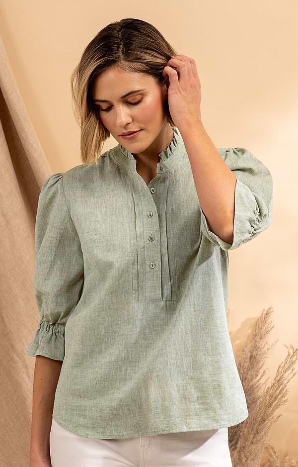 Ladies Frilled Three Quarter Sleeve Linen Shirt